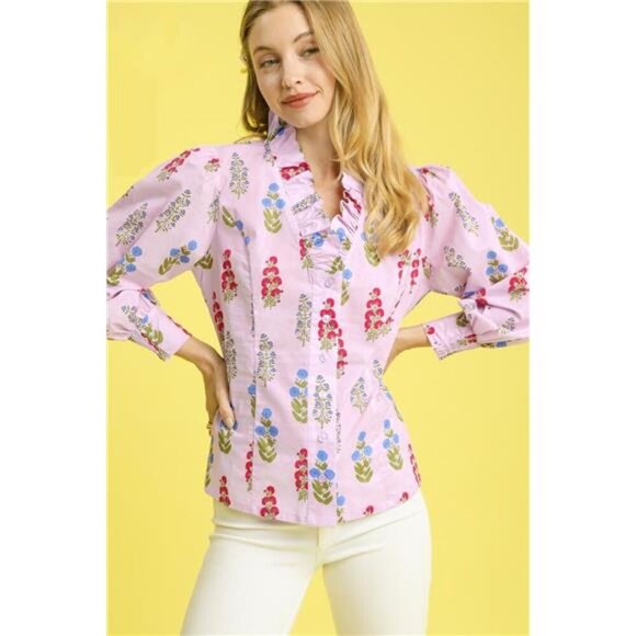 Umgee Floral Print Lantern Sleeve Button Down Shirt - Picture 2 of 4